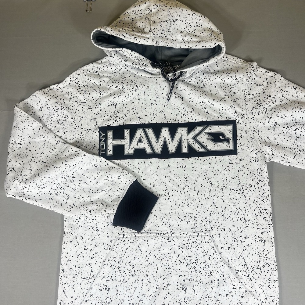 Tony Hawk Hoodie Mens Small White Splatter Pullover Logo Skate Streetwear NWT